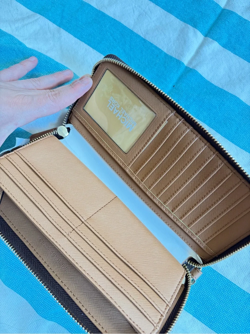 Michael Kors Brown Logo-Print Zip Wristlet with Gold Hardware